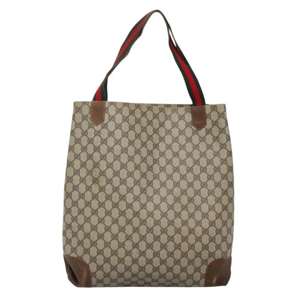 GUCCI GG Supreme Web Sherry Line Tote Bag PVC Beige Auth ep9399 - Picture 2 of 16
